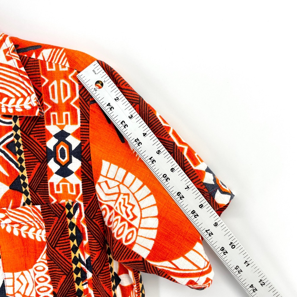 VTG 70s Orange Tribal Print Hawaiian Barkcoth Shirt Short Sleeve Mens Small - Picture 8 of 9